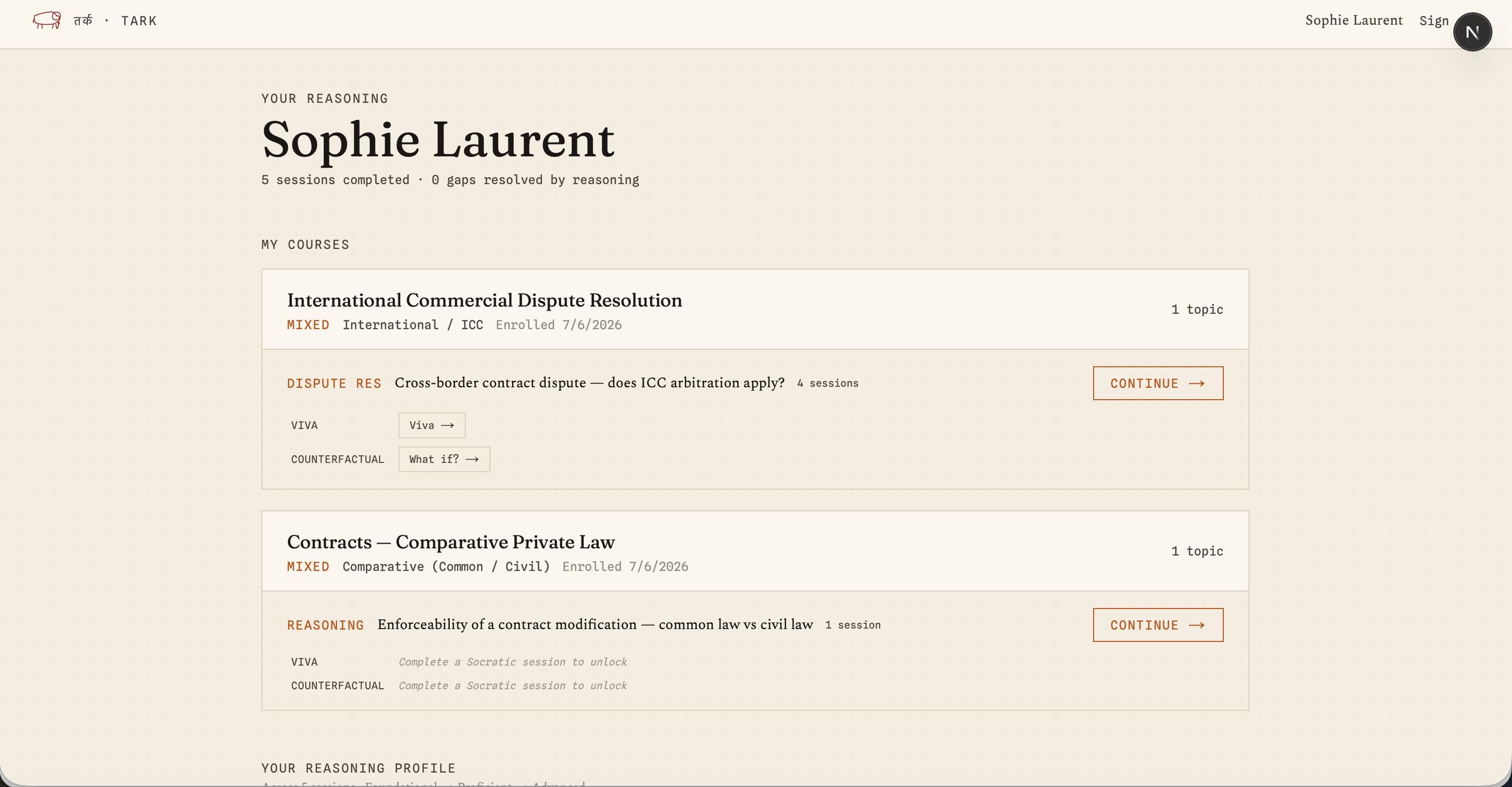 Tark student dashboard with courses and reasoning profile